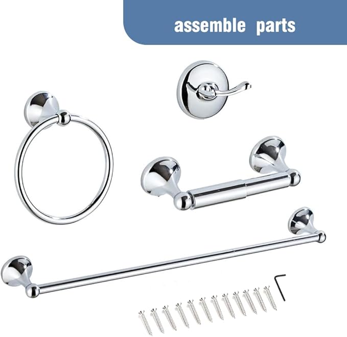 4-Piece Bathroom Hardware Set: Chrome Bathroom Accessory Set, Towel Bar,Towel Ring,Toilet Paper Holder,Robe Hook, Wall Mounted,Optional Installing Longer or Shorter Towel bar