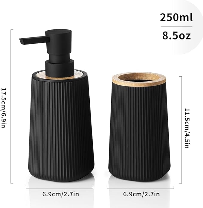 Bathroom Accessories 2 Piece Soap Dispenser and Toothbrush Holder Set Striped with Bamboo Decor Black
