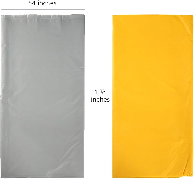Plastic Tablecloths,Disposable Table Covers,Baby Shower Party Tablecovers,Tables Cloths for Birthday Wedding Parties 8 ft Rectangle Table Use,54 x 108 Inches,2 Pack,Yellow,Silver Gray.