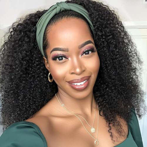 Headband Wig Human Hair Kinky Curly Headband Wigs for Black Women 22 Inch Human Hair Headband Wig Curly Headband Human Hair Wig Half Wigs 150% Density Natural Black Color