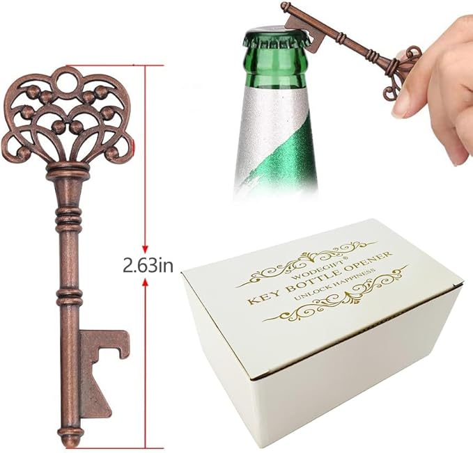 WODEGIFT 100 PCS Wedding Favors/ Party Favors Key Bottle Opener,Vintage Skeleton Key Bottle Openers with Escort Tag Cards and Key Chains(Red Copper)