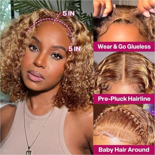 Wear and Go Glueless Wigs Human Hair Highglight Ombre Honey Blonde Curly Bob Wig 5x5 HD Pre Plucked Pre Cut Lace Closure Deep Wave Wig for Beginners Wet and Wavy Lace Front Wigs 16 Inch