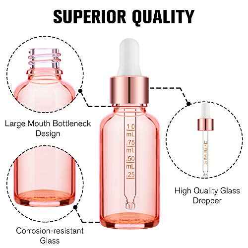 PrettyCare Glass Eye Dropper Bottles 24 Pack, 1oz (30ml) Rose Empty Thick Bottles Bulk with Leakproof Caps - With Labels & Funnels for Storage, Travel, Essential Oils, Cuticle Oils, Tinctures