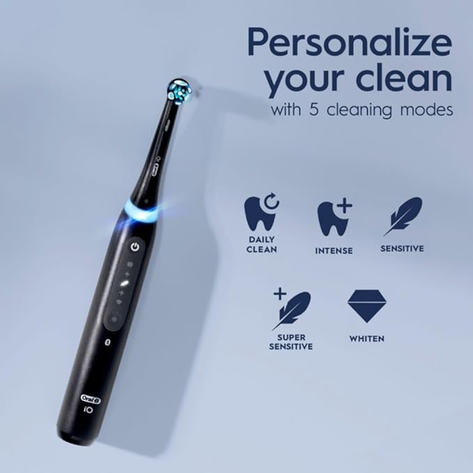 Oral-B iO Deep Clean + Whiten Rechargeable Electric Toothbrush with Visible Pressure Sensor, 2 Minute Timer, 5 Cleaning Settings, 1 iO5 Limited, 3 Toothbrush Heads, Travel Case & Refill Holder, Black