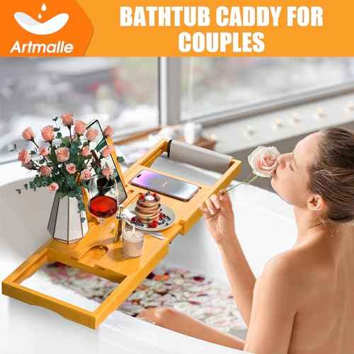 Artmalle Bathtub Caddy Tray for Tub, Expandable Bamboo Bath Table Tray with Book Stand for Home Spa Relaxing, Foldable Minimalist Bathroom Accessories for Women Men (Simple, Natural) (Natural)