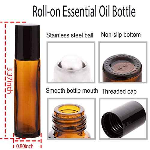 6Pcs 10ml Essential Oil Roller Bottles, with Stainless Steel Roller Balls, 10ml Amber Glass Roll on Bottles for Essential Oils, 1 Extra Roller Ball, 6 Labels, 1 Openers, 2 Droppers Included