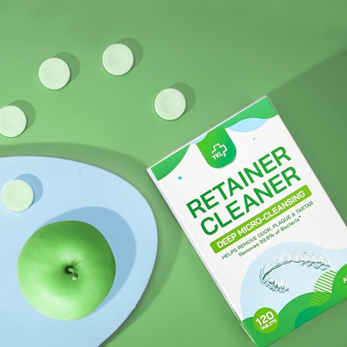 YKL Retainer Cleaner & Denture Cleaning Tablets for Mouth Guard Cleaner, Fresh Apple Flavor (120 Count）
