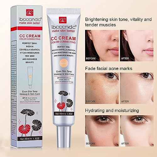 Color Correcting CC Cream With Centella Asiatica,Multi-Purpose Skin Tone Adjusting CC Cream Concealer Full Coverage,SPF 25 Sunscreen Moisturizing Pre-Makeup Primer Brightening for Mature Skin