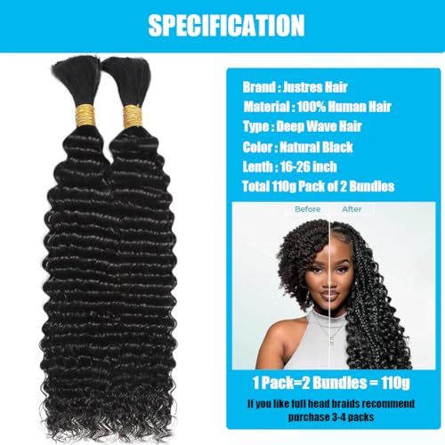 Human Braiding Hair Boho Braids Human Hair 110g 26 Inch Deep Water Wave Bulk Human Hair for Braiding No Weft Bundle 12A Brazilian Virgin Curly Hair Extensions Wet and Wavy Human Braiding Hair