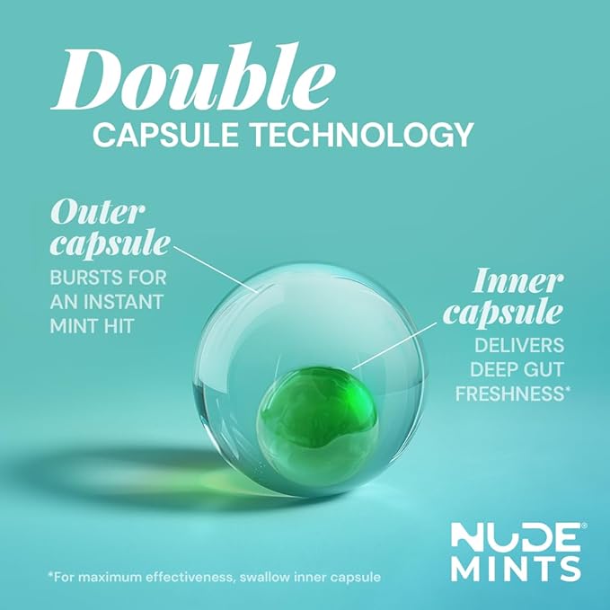 NUDE MINTS | Dual Action Liquid Capsules | Mouth Watering Mint - Lasts 3X Longer - 3X Stronger - Extreme Bad Breath Treatment For Adults - Sugar Free, 0 Calorie - Spearmint - 5 Pack - 150 Capsules