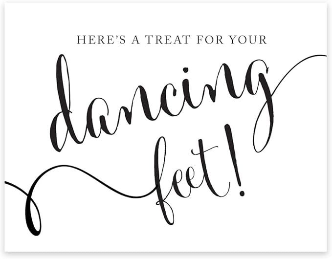 Andaz Press Wedding Party Signs, Formal Black and White, 8.5-inch x 11-inch, Here's a Treat for Your Dancing Feet! Flip Flop Sandals High Heels Shoes Dance Floor Reception Sign, 1-Pack