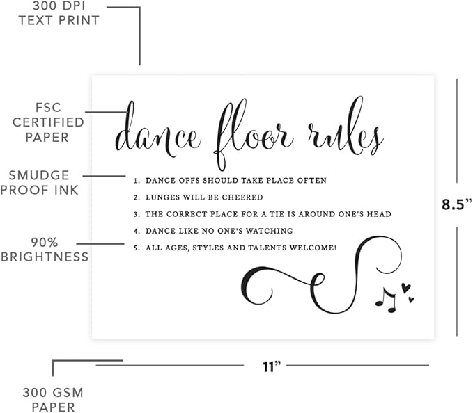 Andaz Press Wedding Party Signs, Formal Black and White, 8.5-inch x 11-inch, Dance Floor Rules, 1-Pack