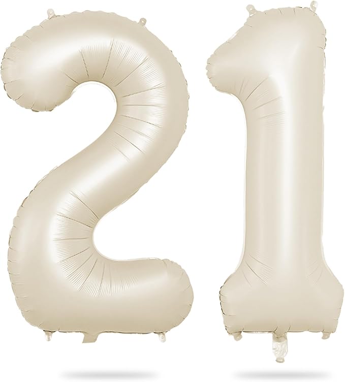 Biapian 40 Inch Cream Number 21 Balloon, 21st Birthday Balloons, Big Digital 21 or 12 Beige White Giant 21 Foil Balloon Helium for 12th 21st Birthday Decorations Anniversary Baby Shower Party Supplies