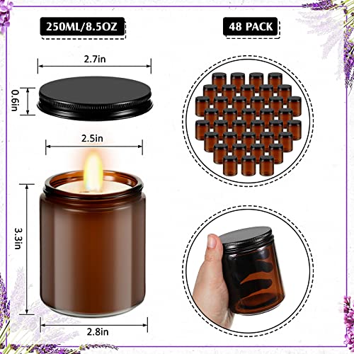Lallisa 48 Pcs 8 oz Amber Glass Jars with Black Lids Round Glass Cosmetic Jars with Lids Empty Amber Containers Refillable Food Storage Containers for Spice Powder Liquid Sample Makeup