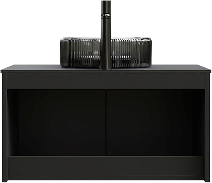 30 Inch Bathroom Vanity with Sink, Floating Fluted Vanity with Vessel Sink, Modern Bathroom Vanity Cabinet with 2 Doors with Metal Trim, Round Glass Sink & Sintered Stone Top, Black