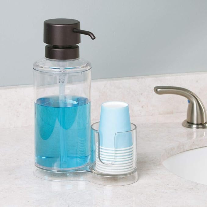 mDesign Plastic Refillable Mouthwash Dispenser and Cup Storage Organizer for Bathroom Vanity, Countertop, Cupboard - Includes 8 Paper Cups - Lumiere Collection - Clear/Bronze