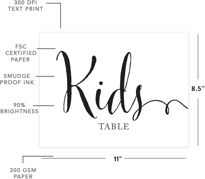 Andaz Press Wedding Party Signs, Formal Black and White Print, 8.5x11-inch, Kids Table Sign, 1-Pack, For Company Holiday Parties, Easter