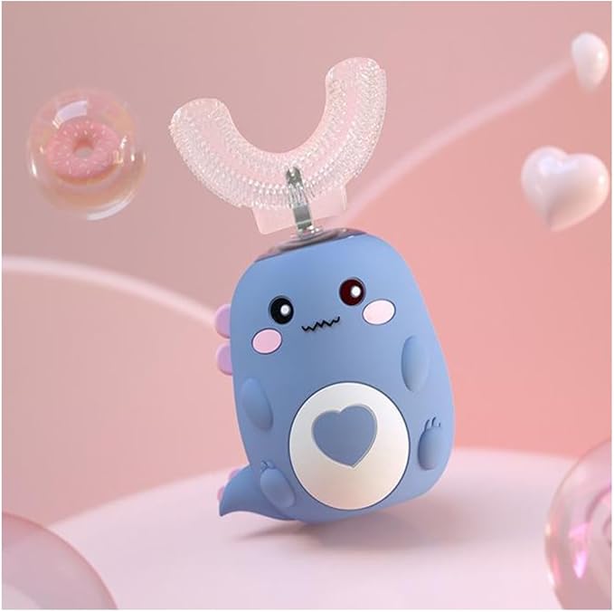 Kids Automatic U-Shaped Toothbrush, 360º Toothbrush Rechargeable Auto U-Shaped Electric Toothbrush with Led Light, 5 Modes & Smart Timer Gentle Waterproof and Cartoon Dragon Design (Blue*1)