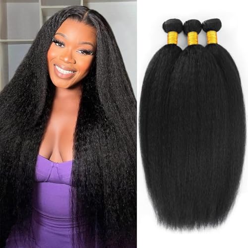 Kinky Straight Bundles Yaki Straight Bundles Human Hair 16 18 20 inch 12A 100% Unprocessed Virgin Full and Thick 3 Bundles, Silky Soft, No Shedding, No Smell, No Tangle