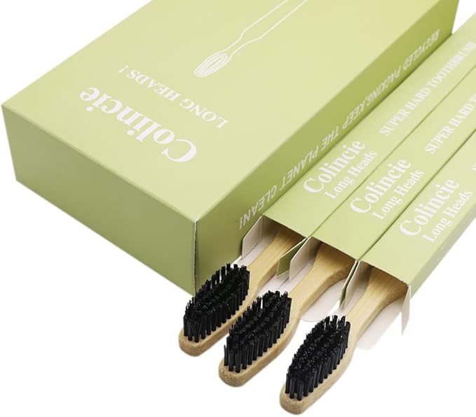 Extra Hard & Firm Bamboo Charcoal Toothbrush Long Head with Wide Thickened Handle Whitening Teeth Pack of 12