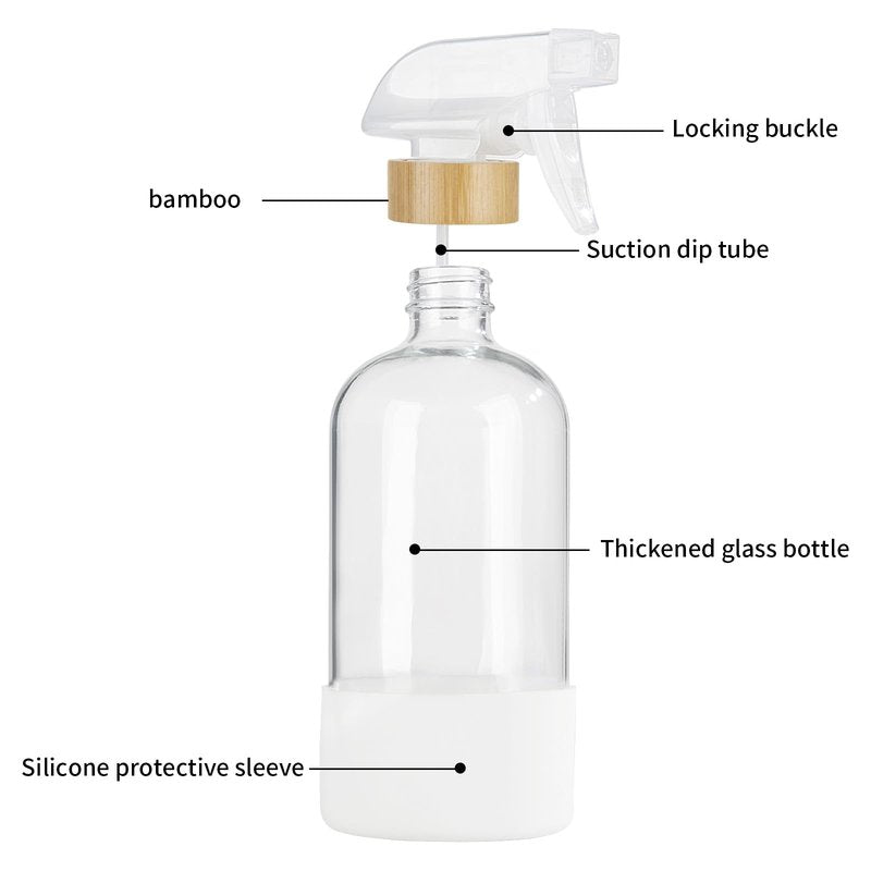 HOMBYS Empty Bamboo Glass Spray Bottles with Silicone Sleeve Protection - Refillable 17 oz Clear Glass Containers for Cleaning Solutions, Essential Oils, Misting Plants - Quality Sprayer - 3 Pack