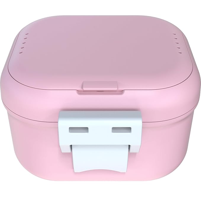 ARGOMAX Leak Proof Denture Bath Cup, Portable Soaking Denture Box, Denture Bath Case with Strainer, for Dentures and Braces, Upgraded Version with Storage Compartment (Pink + White).