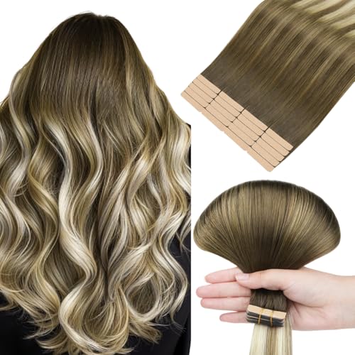 HOTBANANA Tape in Hair Extensions, 22 Inch 20pcs 50g Ombre Walnut Brown to Ash Brown and Bleach Tape in Real Remy Human Hair Extensions Straight