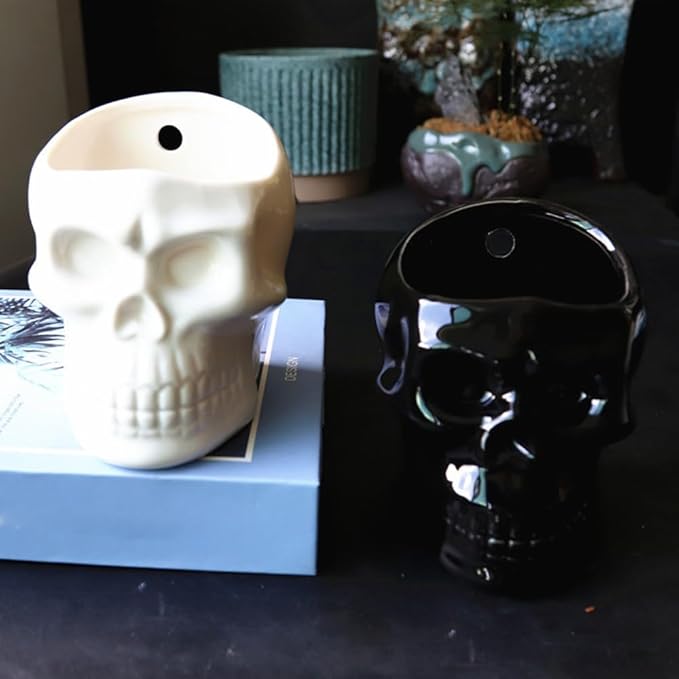 Skull-Shaped Toothbrush Holder, Skull Ceramic Small Storage Tube, Skull Pen Holder, Skull Succulent Flower Pot, Creative Decoration, Wall-Mounted Small Storage Tube (White Skull)