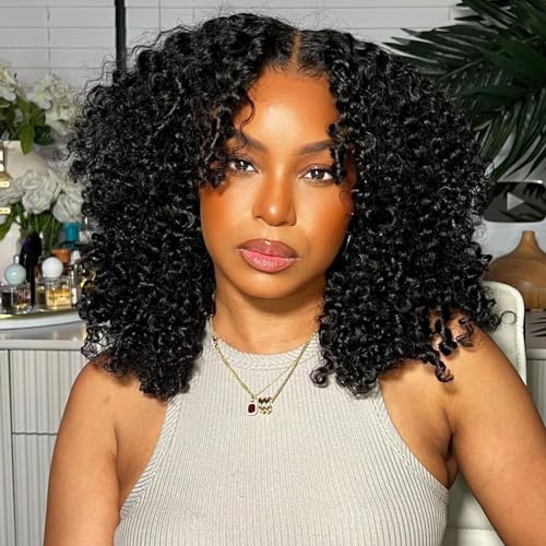 Bob Wig Human Hair Afro Kinky Curly 13x4 Frontal Lace Wig Human Hair 180 Density Glueless Wig Human Hair Pre Plucked with Baby Hair Short Bob Wigs for Black Women Natural Color 16 inch