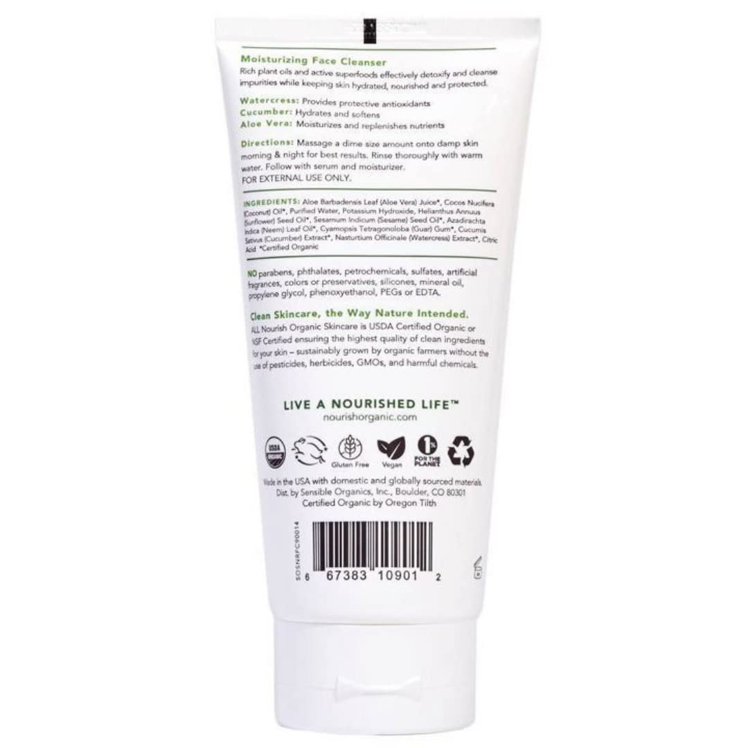 Nourish Organic Moisturizing Face Cleanser for All Skin Types, Watercress + Cucumber Face Wash, Fragrance-Free, 6 Oz (Pack of 2)