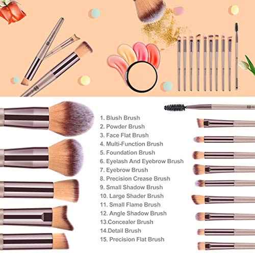 HEYMKGO Makeup Brushes 15PCS Champagne Gold Professional Makeup Brush Set Foundation Brush Blending Powder Blush Concealer Eye Make Up Brush with Bag