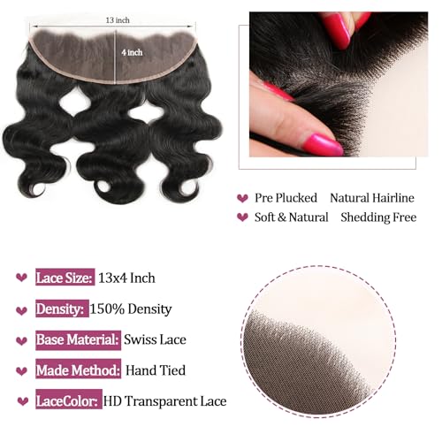 Body Wave Human Hair Bundles with Frontal (16 16 18 18+16Frontal) 12A 4 Bundles Human Hair with Closure 13x4 HD Lace Frontal 100% Unprocessed Brazilian Virgin Hair