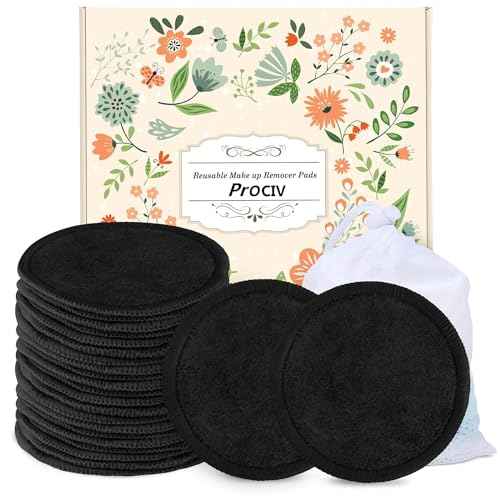 ProCIV Reusable Makeup Remover Pads - 25 Pack Washable Organic Cotton Rounds for All Skin Types & Toner with Laundry Bag, Eco Friendly Zero Waste Reusable Cotton Pads Travel Gadgets (Black)