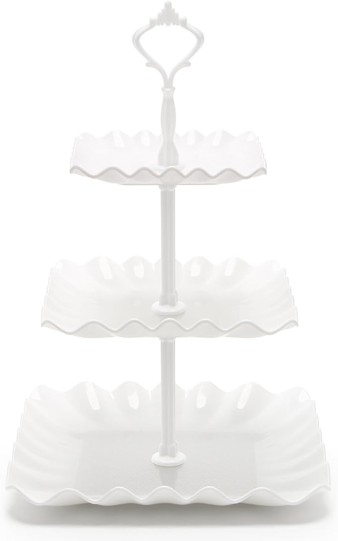 Coitak 3 Tier Cupcake Stand, Plastic Tiered Serving Stand, Wavy Dessert Tray for Tea Party, Birthday and Wedding (Pure White)