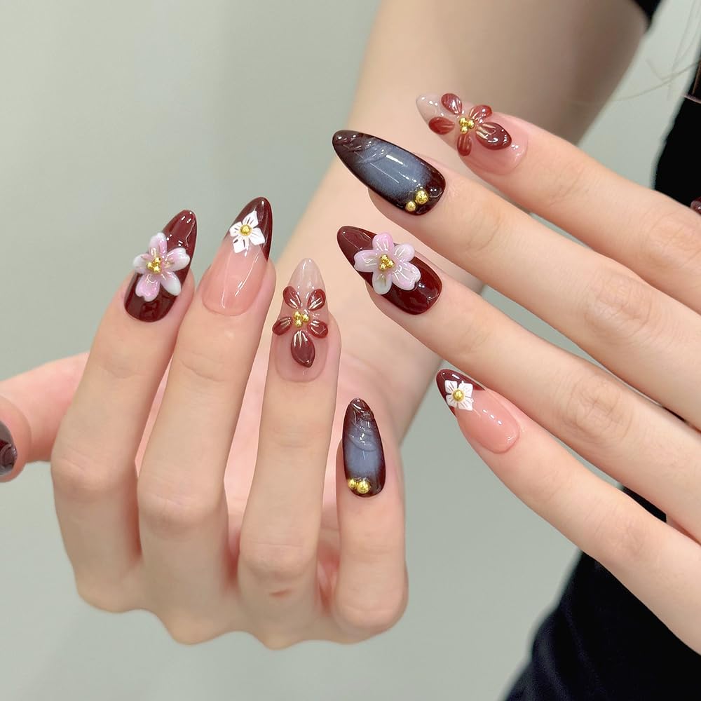 Handmade Press on Nails Almond Medium Fake Nails with 3D Flower Designs Glossy Brown Cute Fall Acrylic Nails for Women 10pcs(Size M）