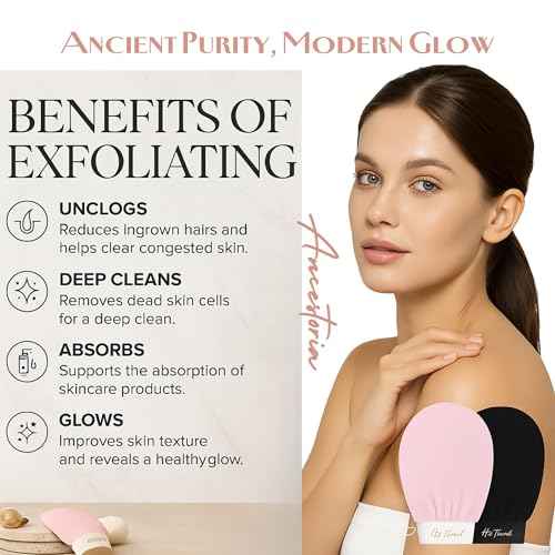Ancestoria Korean Exfoliating Gloves for Shower, Pink and Black, 2-Pack, Deep Exfoliating Mitts for Body, Reusable and Chemical-Free, A HerTime2 Brand