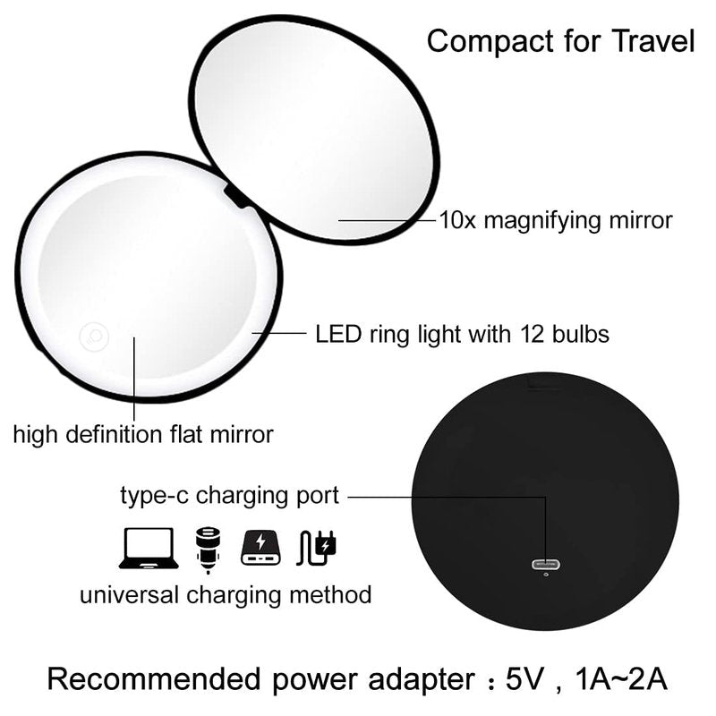 Milishow Compact Mirror with LED Light,1x/10x Magnifying Rechargeable Mirror,3.5in, Dimmable Travel Mirror for Purse,Pocket,Handheld 2-Sided Makeup Mirror