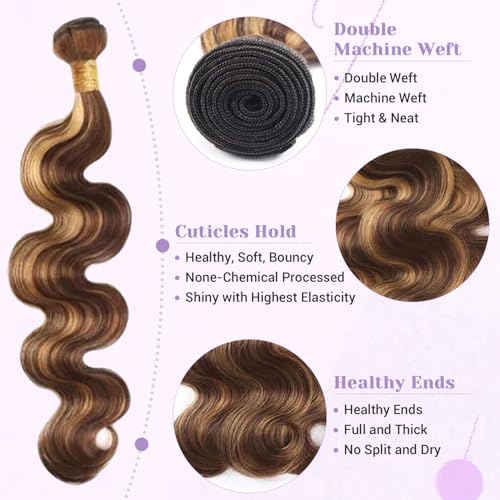 Highlight P4/27 Body Wave Bundles Human Hair 100% Unprocessed Raw Material Body Wave Human Hair Bundle For Quick Weave Double Weft Brown Honey Blonde Piano Color 12 14 16 Inch