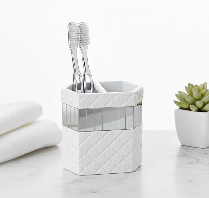 Creative Scents Quilted Mirror White Toothbrush Holder – Bathroom Toothbrush Organizer - Decorative Toothbrush and Toothpaste Holder for Bathroom Holds Multiple Toothbrushes and Paste