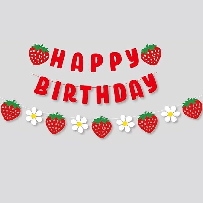 Strawberry Happy Birthday Banner Sign Strawberry Garland Theme Party Decoration for Birthday Party Decorations Supplies(Red)