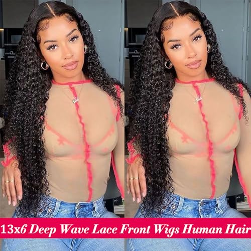30 Inch Deep Wave Lace Front Wigs Human Hair 200% Density Pre Plucked 13x6 HD Transparent Lace Frontal Wigs Human Hair For Women Deep Curly Glueless human hair wig (Black, 30 Inch)