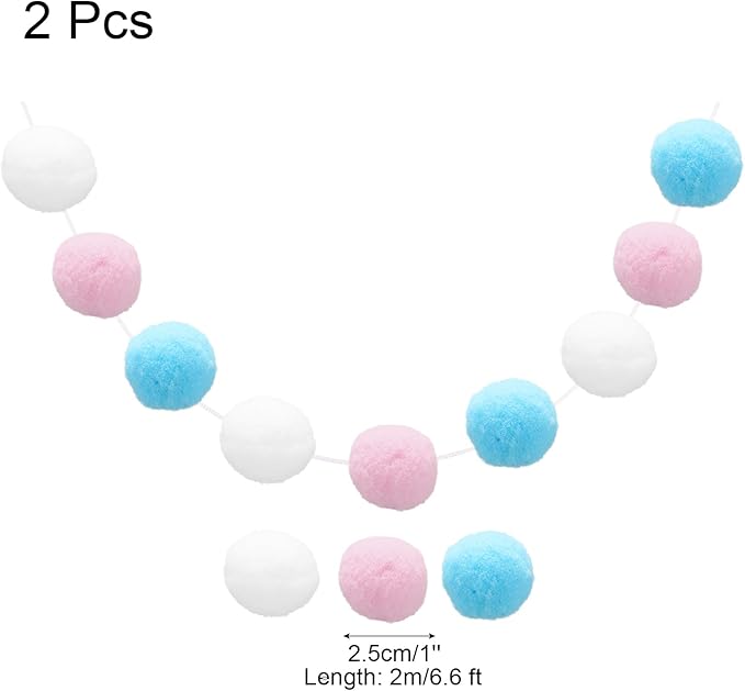 uxcell 2pcs Pom Pom Garland 6.6 Ft 30 Balls Colorful Felt Ball Garland for Wall Christmas Tree Decor Birthday Banner Easter Party Decorations, White, Pink, Blue