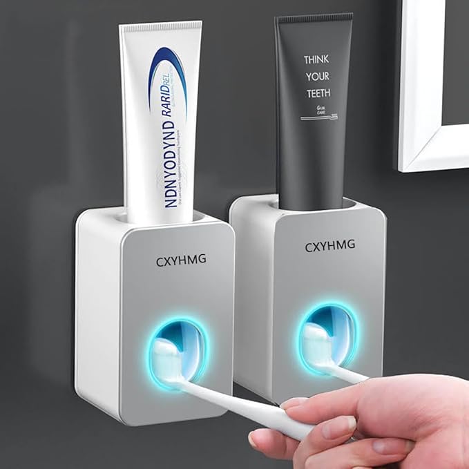 Toothpaste Dispenser, 2 PCS Automatic Toothpaste Squeezer Dispenser for Kids & Family Shower, is Wall Mount Bathroom Accessories with Super Sticky Suction Pad. (Grey-Grey)