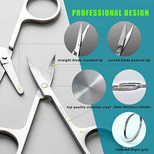 Facial Hair Small Grooming Scissors For Men Women - Eyebrow, Nose Hair, Mustache, Beard, Eyelashes, Ear Trimming Kit - Curved and Rounded Safety Tip Clippers For Hair Cutting - 2PCS Silver