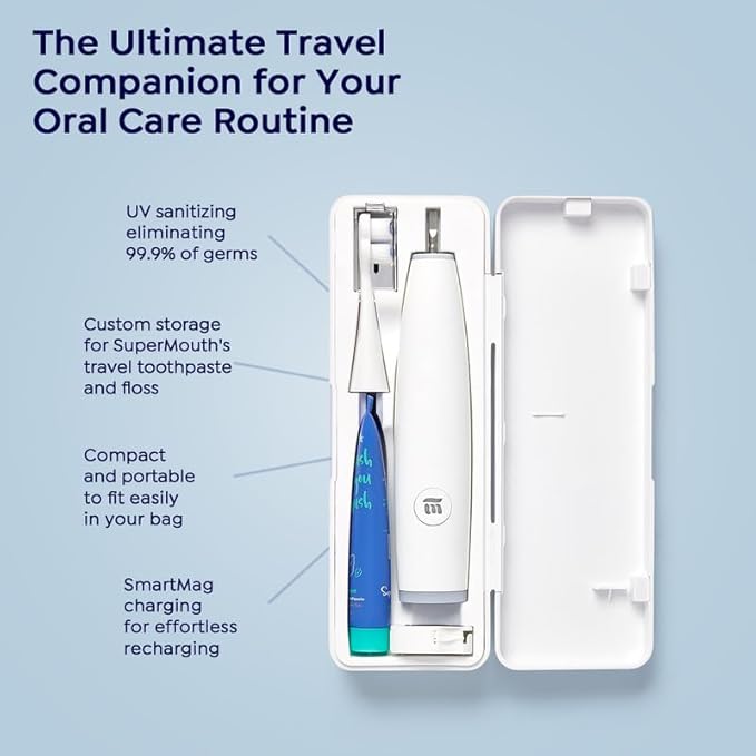 SuperMouth ULTIM8 SmartBrush™ System – Electric Toothbrush with Patented SuperBristles®, Sanitizing SmartHub®, Travel SmartCase®, Dual Sonic Modes, and Pressure Sensor – White