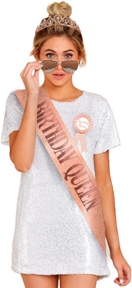 Birthday Decorations for Women – Includes Birthday Sash, Safety Pin, Tiara, Cake Topper, and Button – Queen Sash & Crown for Women and Girls MS4U (Gold Rose)