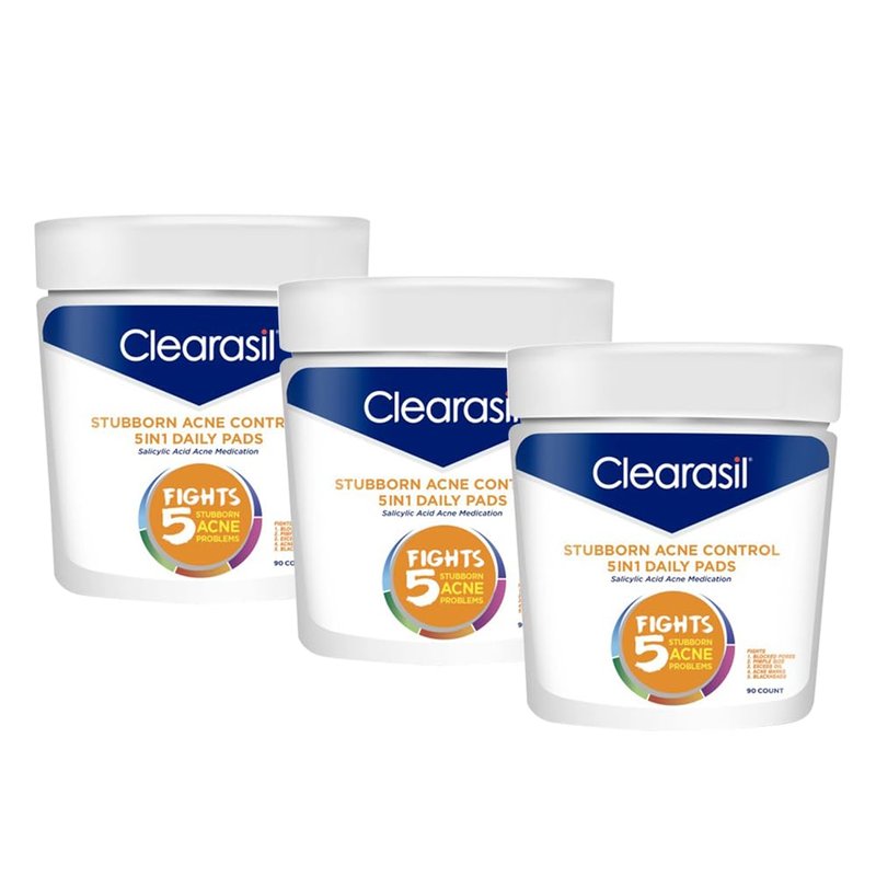 Clearasil Acne Treatment Facial Cleansing Pads, Stubborn Acne Control 5-in-1 Daily Pads, 90 Pads (Pack of 3)
