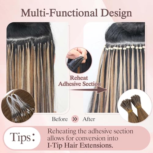 50pcs U Tip Hair Extensions, Micro Ring Human Hair Extensions, Upgraded K Tip Hot Fusion, Long Straight Keratin Extensions, 22 inches, Gold Brown mixed Bleach Blonde, 50g/pack