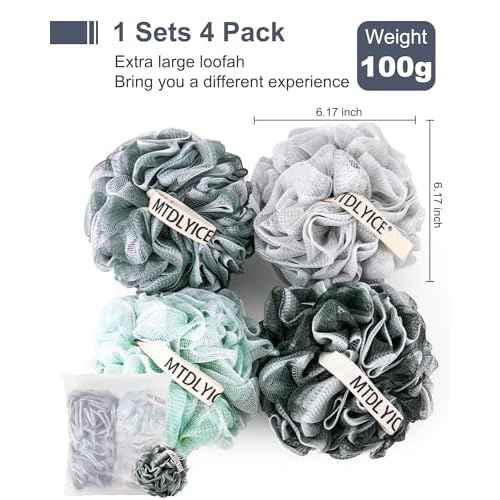 Loofah Sponge, XXL Large Loofah 100g 4 Pack, Bath Sponge Soft Mesh Shower Loofah for Men, Body Scrub, Shower Pouf Bath Accessories, for Body Wash, Soap (Blue Gray)