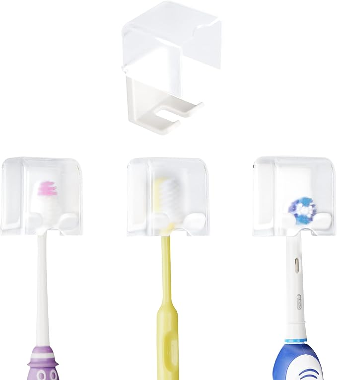 4 PCS Toothbrush Holder Wall Mounted with Cover for Bathroom, Self Adhesive Toothbrush Storage Organizer for Shower, Mini Toothbrush Hanger Rack for Dorm, Cabinet